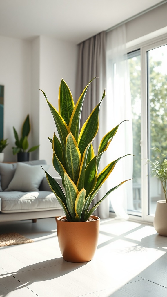 A tall snake plant in a modern living room with natural light and a cozy couch