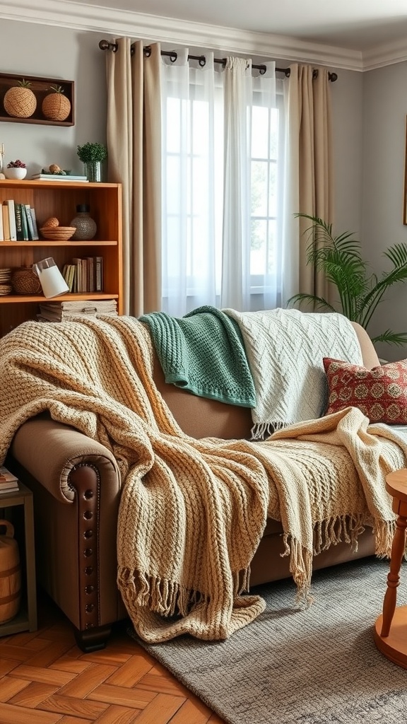 A cozy living room with a couch covered in various blankets, showcasing a warm and inviting atmosphere.