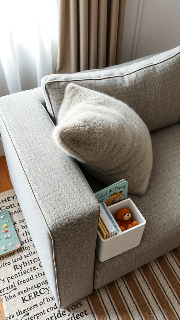 Sofa arm with a white storage container filled with books and a teddy bear.