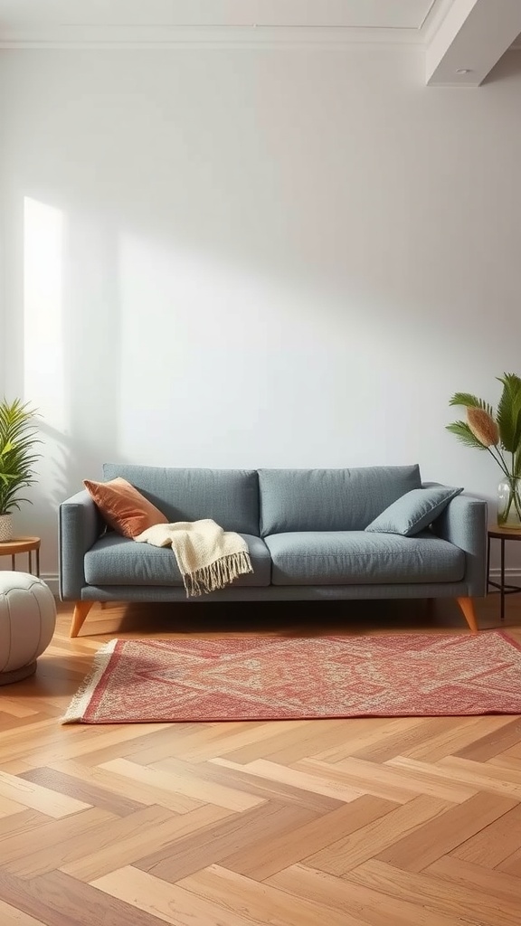 A modern sofa bed in a stylish living room with light colors and wooden flooring