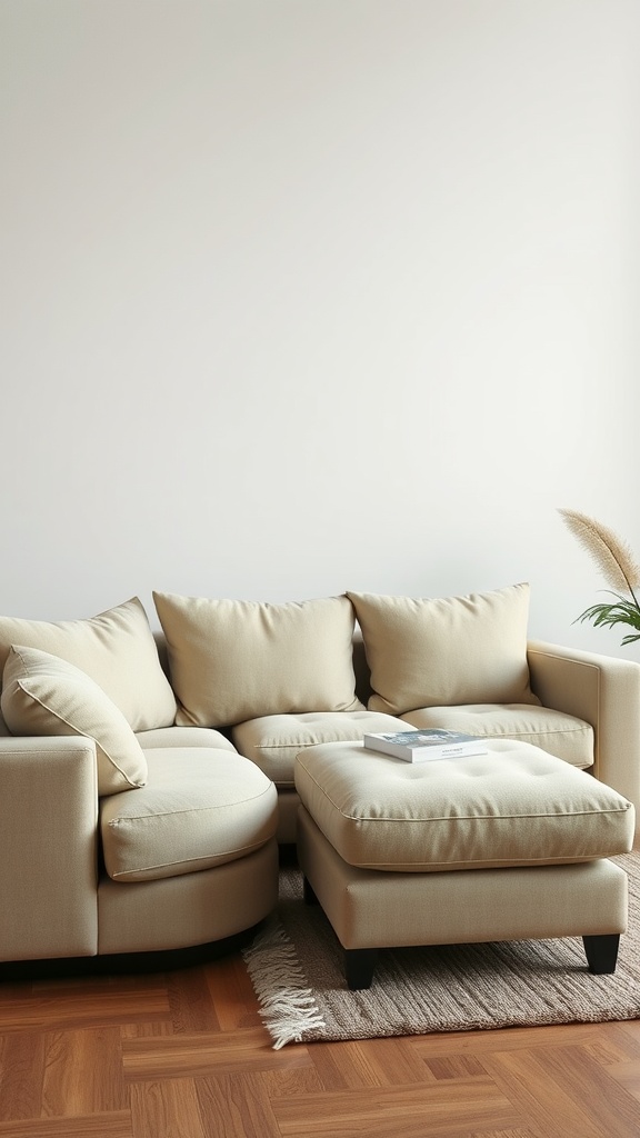 Beige sofa chaise combo with plush cushions on a wooden floor