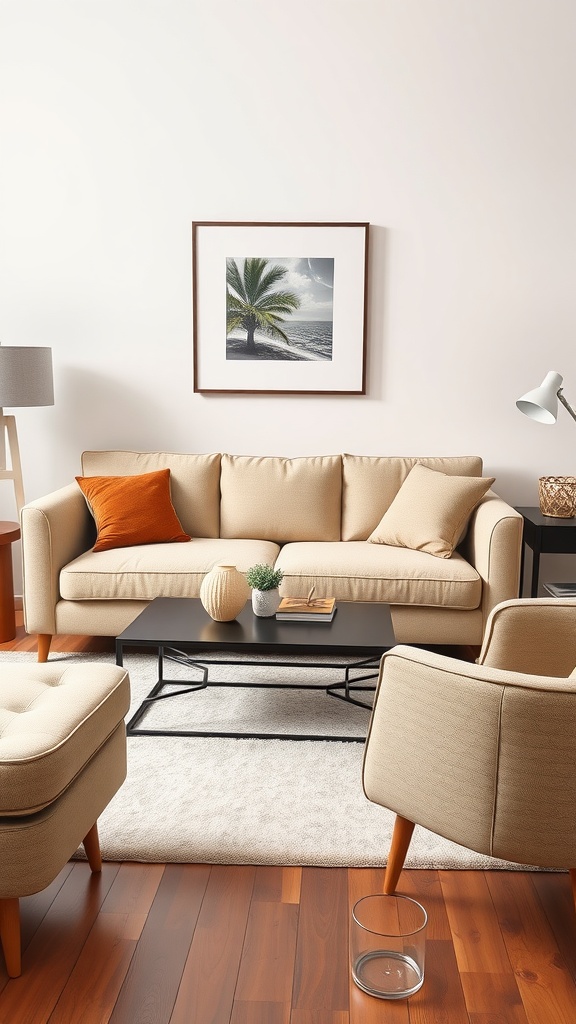 A living room with a beige sofa set, matching chairs, and a black coffee table, along with decorative accessories.