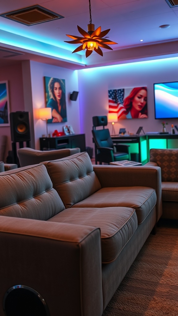 A modern living room featuring a comfortable sofa with built-in speakers, vibrant lighting, and stylish decor.