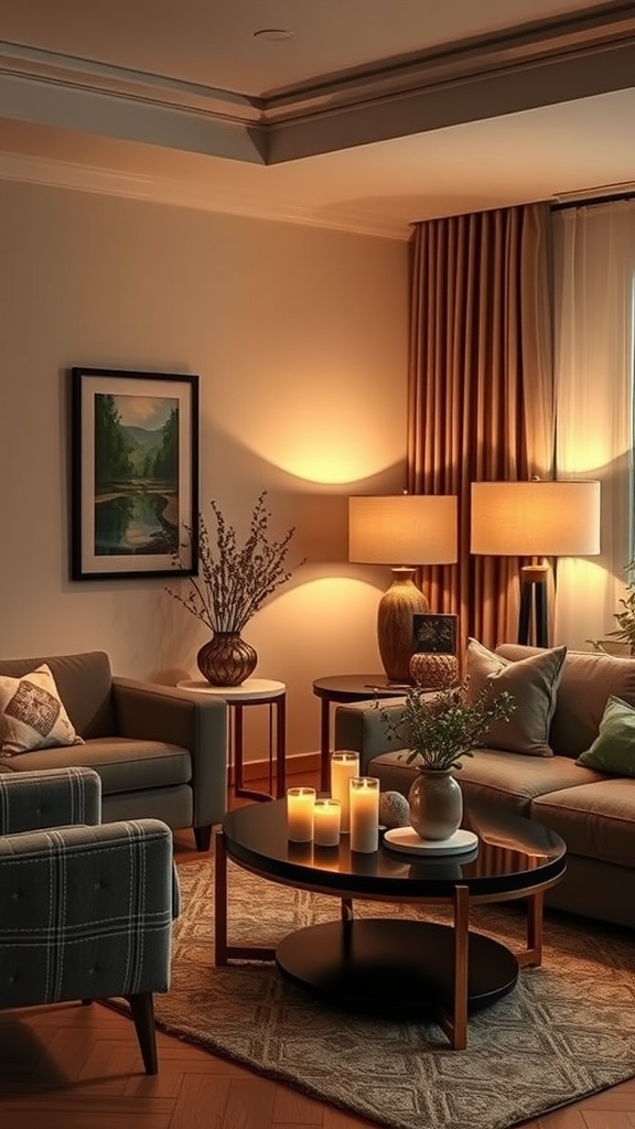 A cozy living room with soft ambient lighting from lamps and candles, featuring comfortable seating, decorative elements, and warm colors.