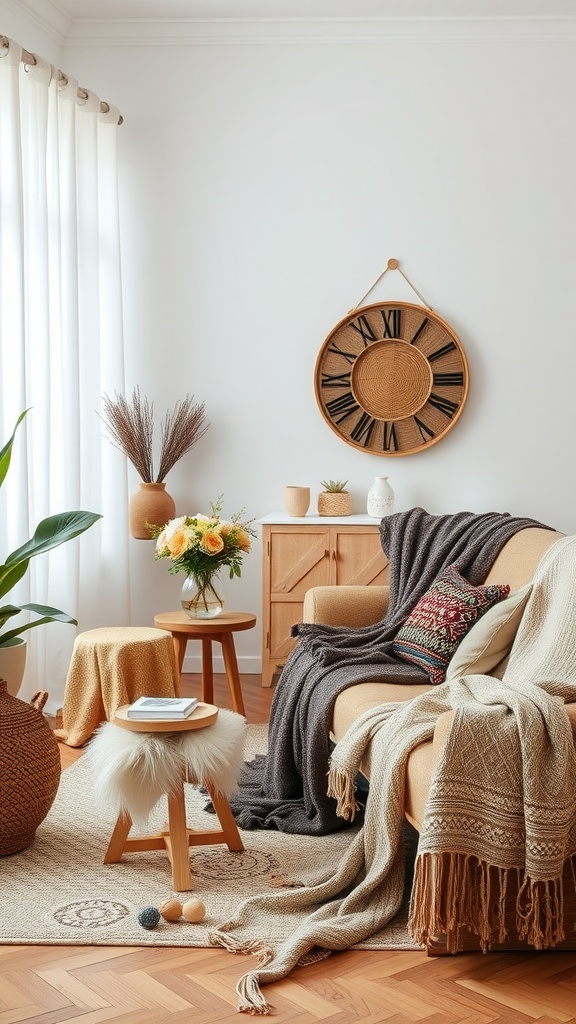 Cozy living room with soft textiles, including blankets and pillows, in a modern boho style.