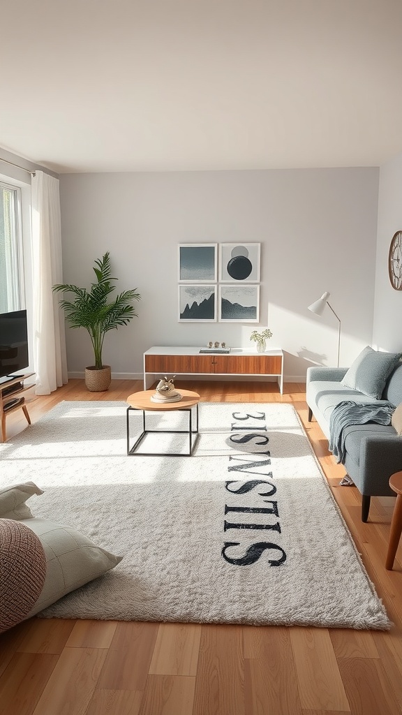 A cozy neutral living room featuring a soft area rug, a small coffee table, and a plant, creating a warm atmosphere.