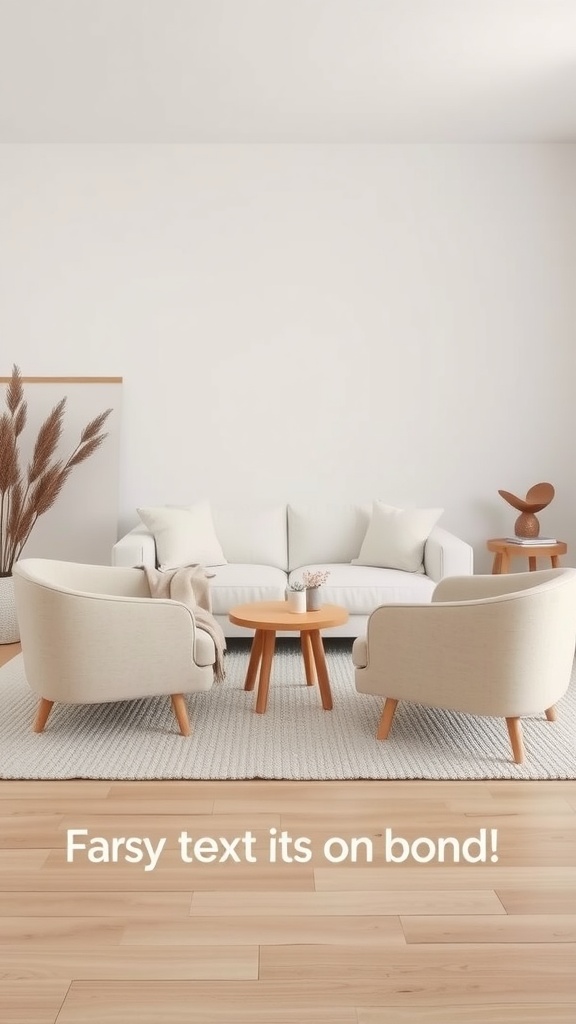 A living room with beige armchairs flanking a white sofa, a round coffee table in the center, and a textured rug.