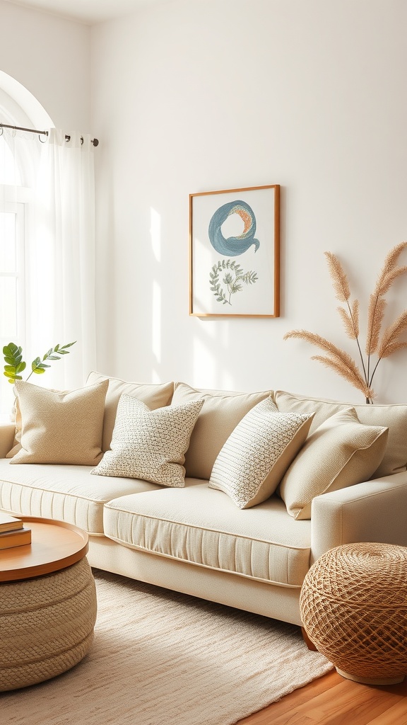 A cozy living room featuring a beige sofa with patterned pillows, a round wooden coffee table, and warm natural light.