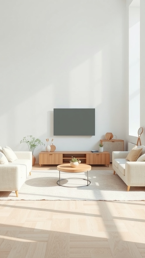 A bright living room featuring soft blue and beige brown tones, with light-colored sofas, a circular coffee table, and natural wood accents.