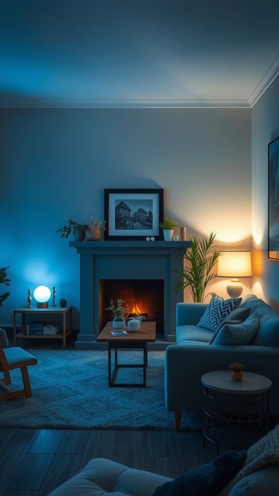 A cozy living room with soft blue lighting highlighting the decor and creating a warm atmosphere.