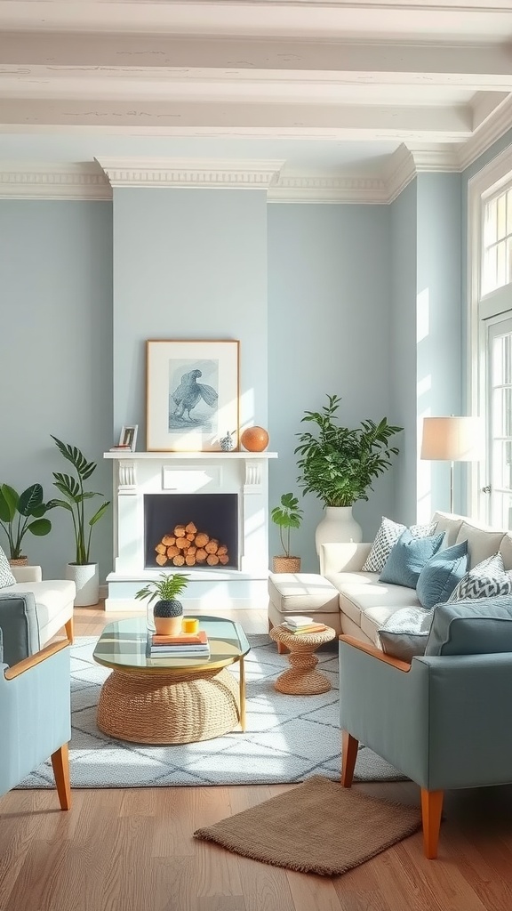 A soft blue pastel living room with light blue walls, comfortable furniture, plants, and warm lighting.