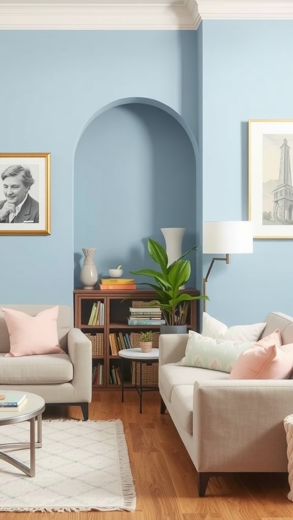 A cozy living room with a soft blue accent wall, pastel pillows, and warm wood flooring.