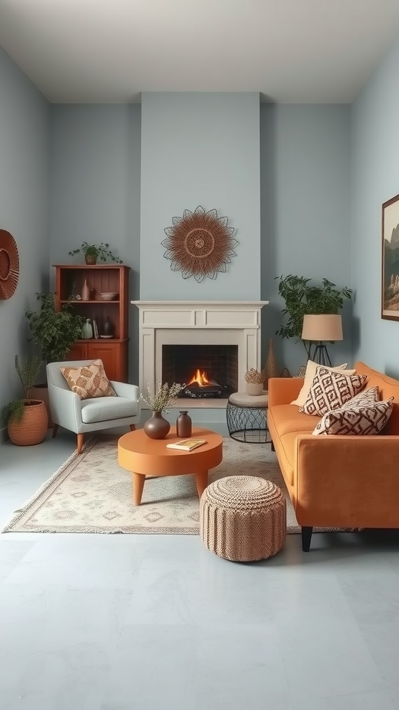 A cozy living room featuring soft blue walls and terra cotta brown furniture.