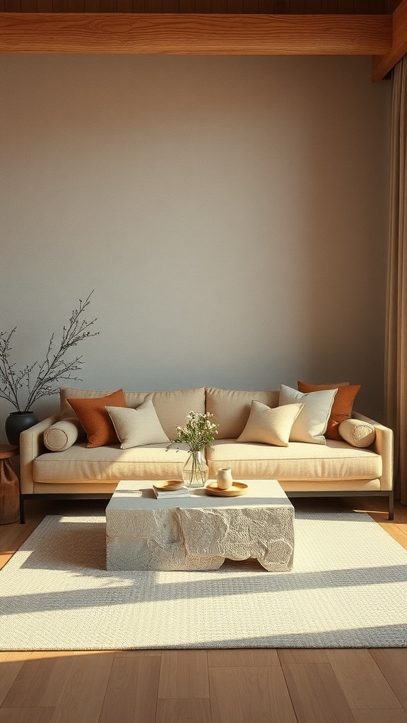 A cozy living room with a soft brown palette, featuring a beige couch with colorful pillows, a unique stone coffee table, and natural decor elements.