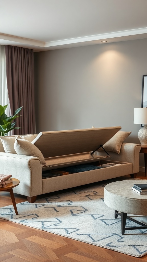 A living room with a sofa that has hidden storage under the seat, showcasing a clean and organized space.