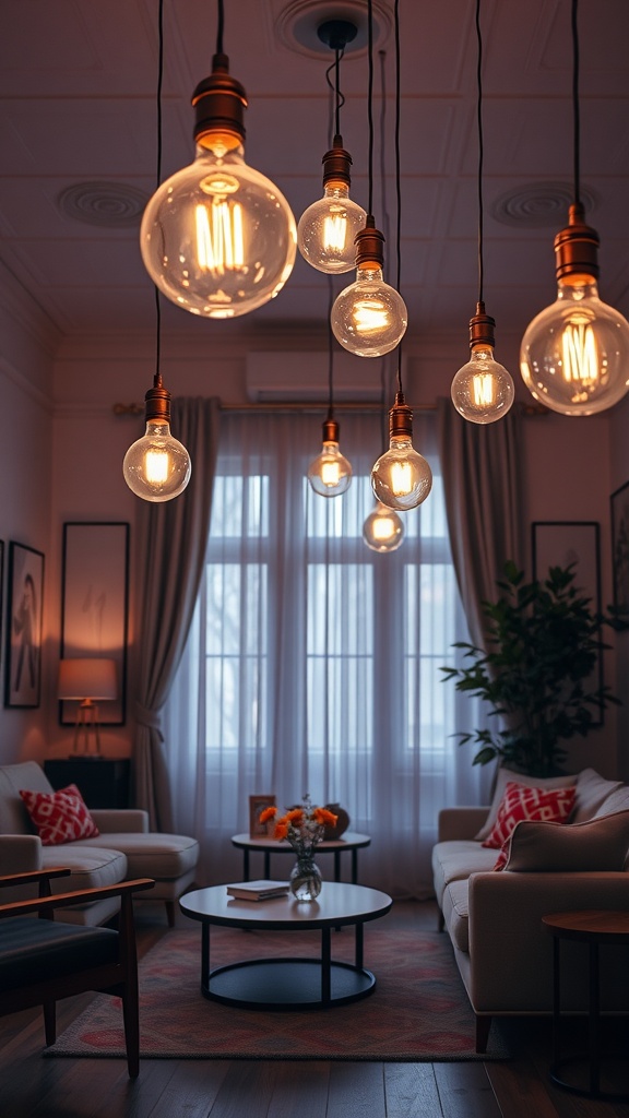 A cozy living room featuring soft globe bulbs hanging from the ceiling, providing warm illumination.