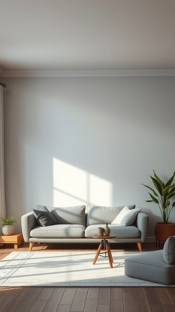 A cozy living room featuring a soft gray couch, natural light, and plants, creating a calm atmosphere.