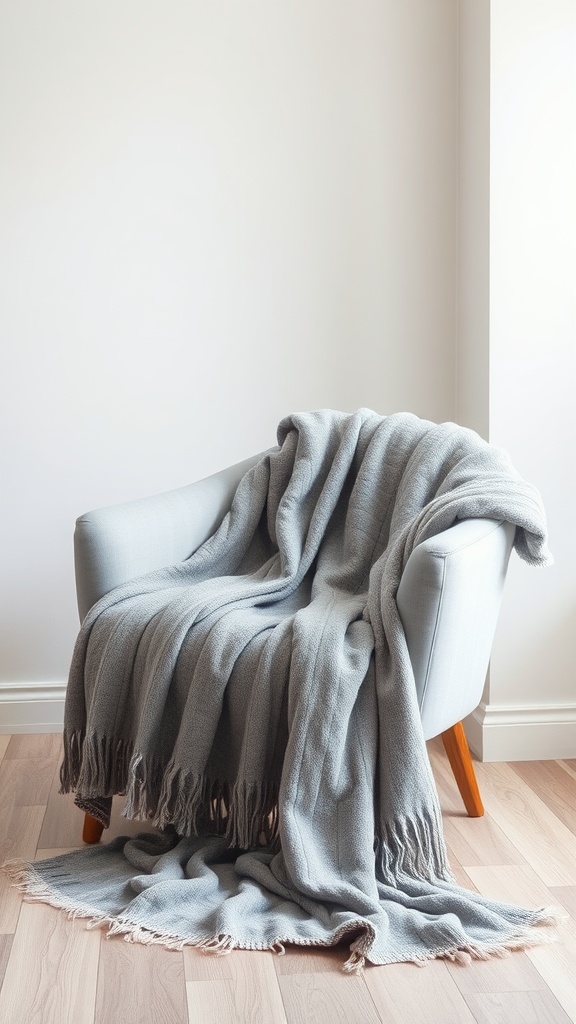 A soft gray throw blanket draped over a light gray chair