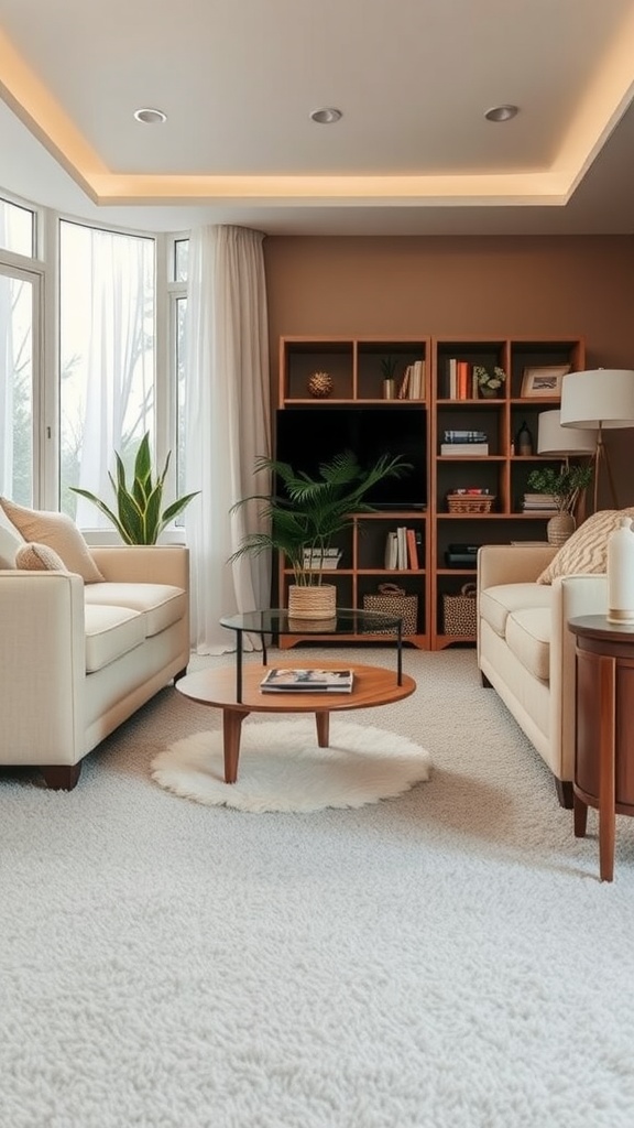 A living room featuring soft grey carpet, beige furniture, and plants.