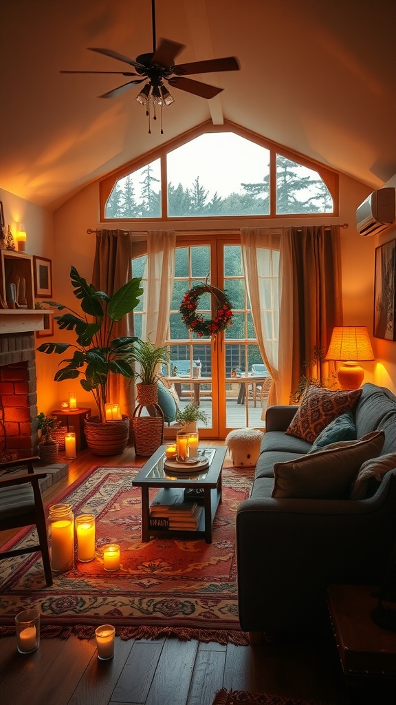 A cozy boho living room with soft lighting from candles and natural light from large windows.