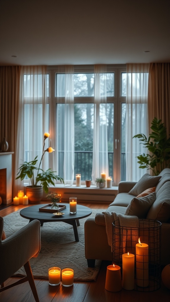 A modern rustic living room with soft lighting and candles, featuring a cozy arrangement of furniture and plants.