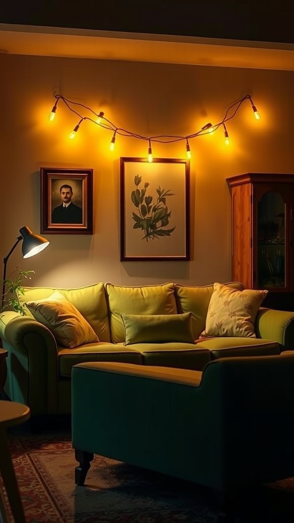 A cozy living room featuring a green sofa, soft lighting, and decorative elements.