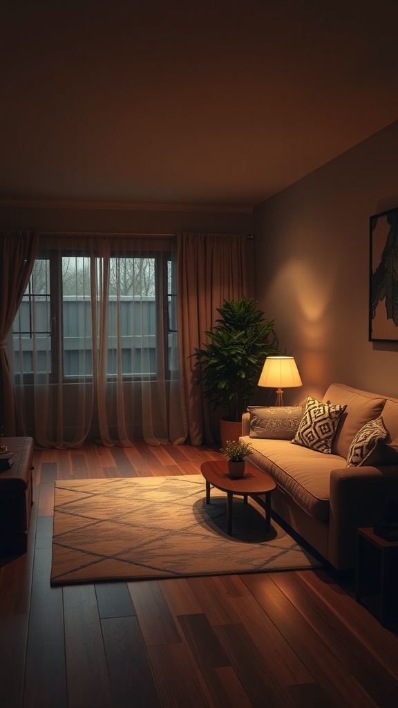 A cozy living room with soft lighting, a lamp, plants, and wooden flooring.