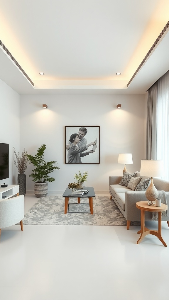 A neutral living room featuring soft lighting fixtures and a cozy atmosphere.