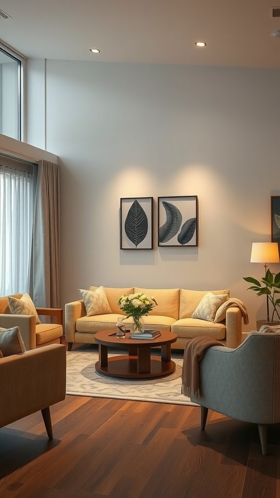 A cozy apartment living room with soft lighting, featuring comfortable sofas, a round coffee table, and framed artwork.