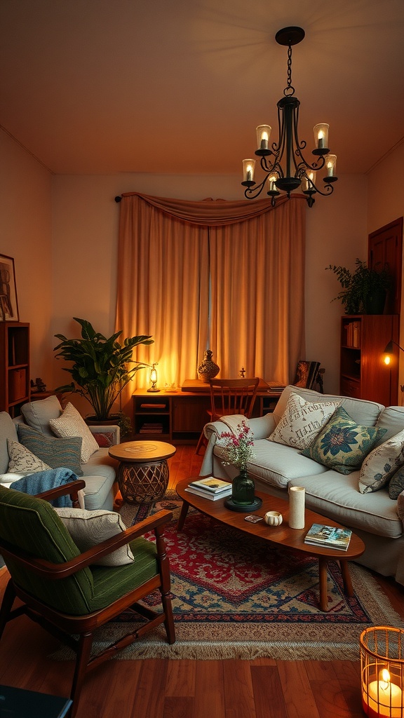 A cozy bohemian living room with soft lighting, featuring a chandelier, comfortable seating, and a warm ambiance.