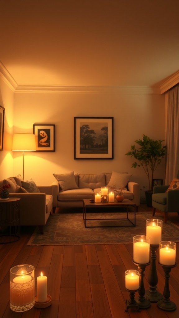 A cozy living room with soft lighting, candles, and a warm ambiance.