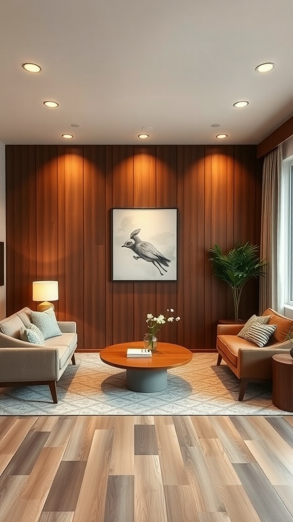 Midcentury modern living room with soft lighting, wooden accents, and cozy furniture.