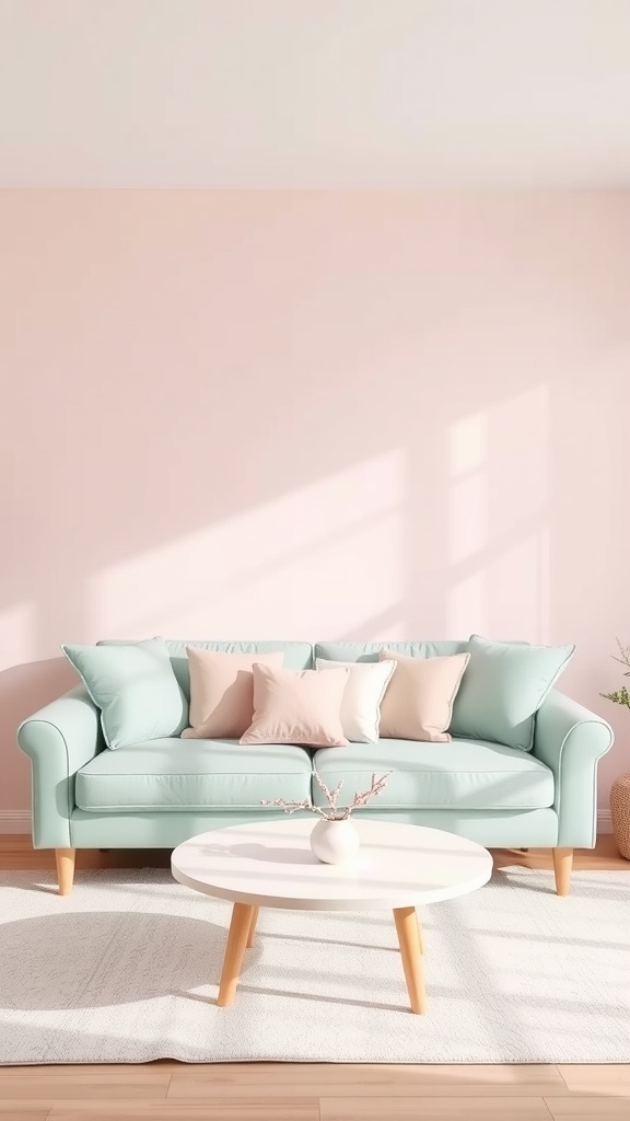 A cozy living room featuring a mint green sofa with pastel cushions, a white coffee table, and soft pink walls, embodying the cottagecore aesthetic.