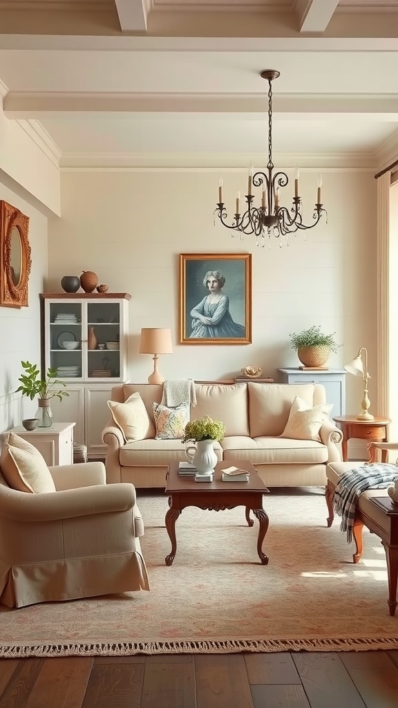 A cozy French country living room featuring soft pastel colors, plush sofas, and warm wooden flooring.