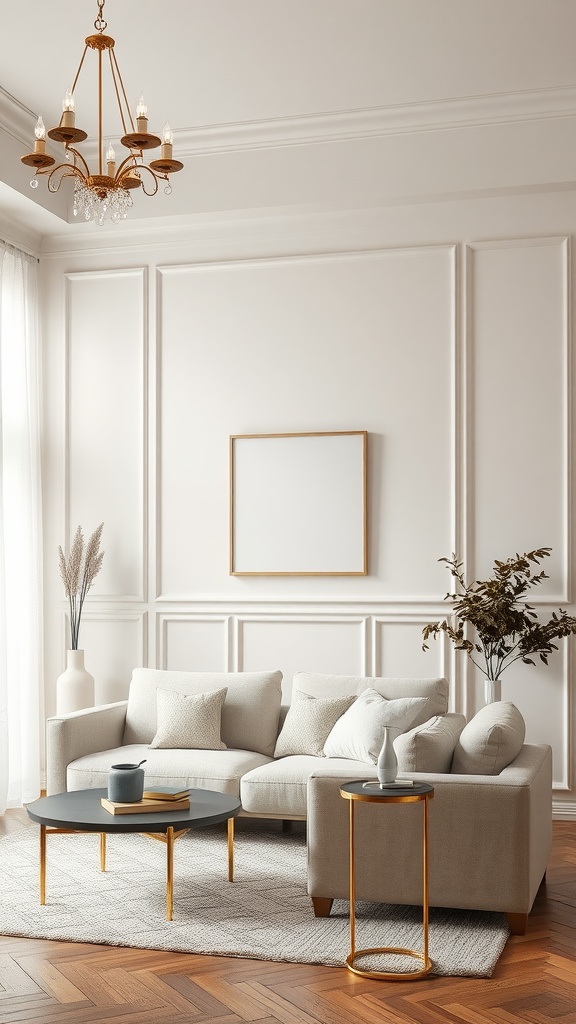 Cozy living room with soft pastel colors, featuring a light-colored couch, a small round table, and delicate decor.