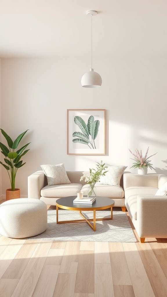 A living room featuring a soft pastel palette with beige furniture, a black coffee table, and plants.