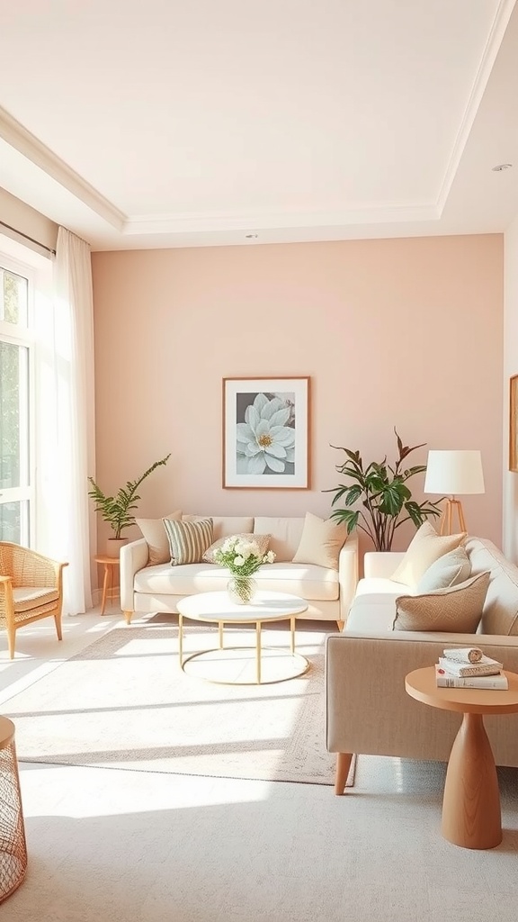 A pastel-themed living room with peach walls, a light sofa, and plants.