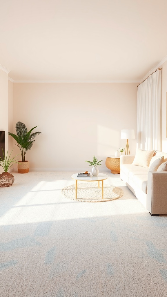 A bright living room with a light pastel carpet, a comfortable sofa, and potted plants.