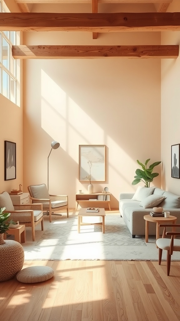 A cozy living room painted in soft peach with natural wood beams, light furniture, and plants.