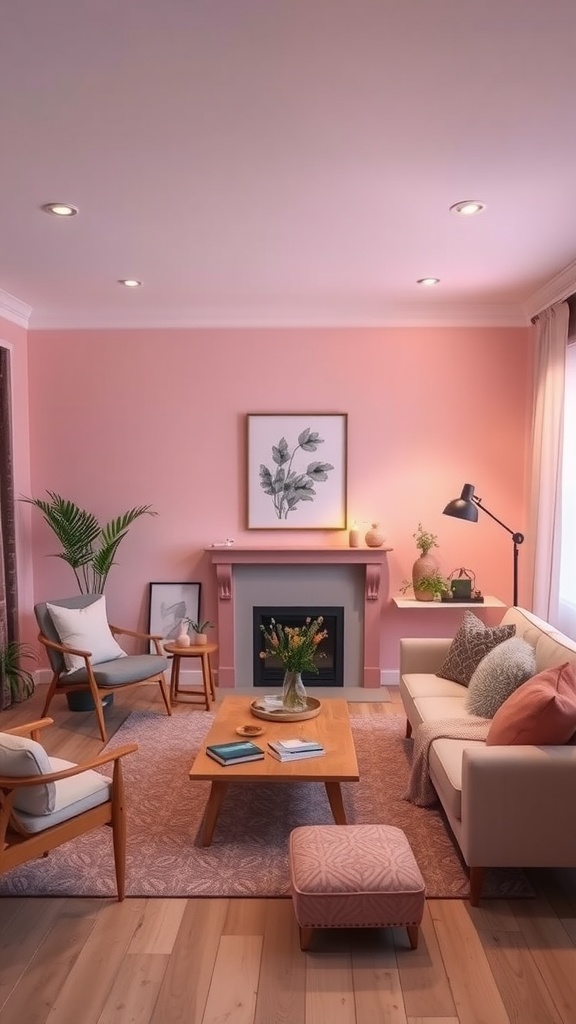 Living room with soft pink accent walls, natural wood furniture, and cozy decor.