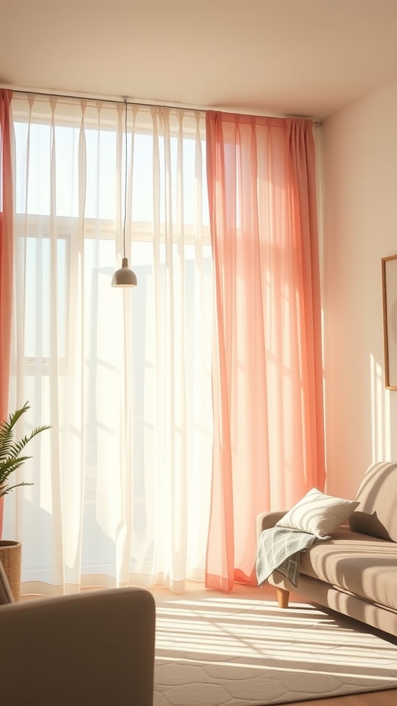 A living room with soft pink curtains letting in sunlight