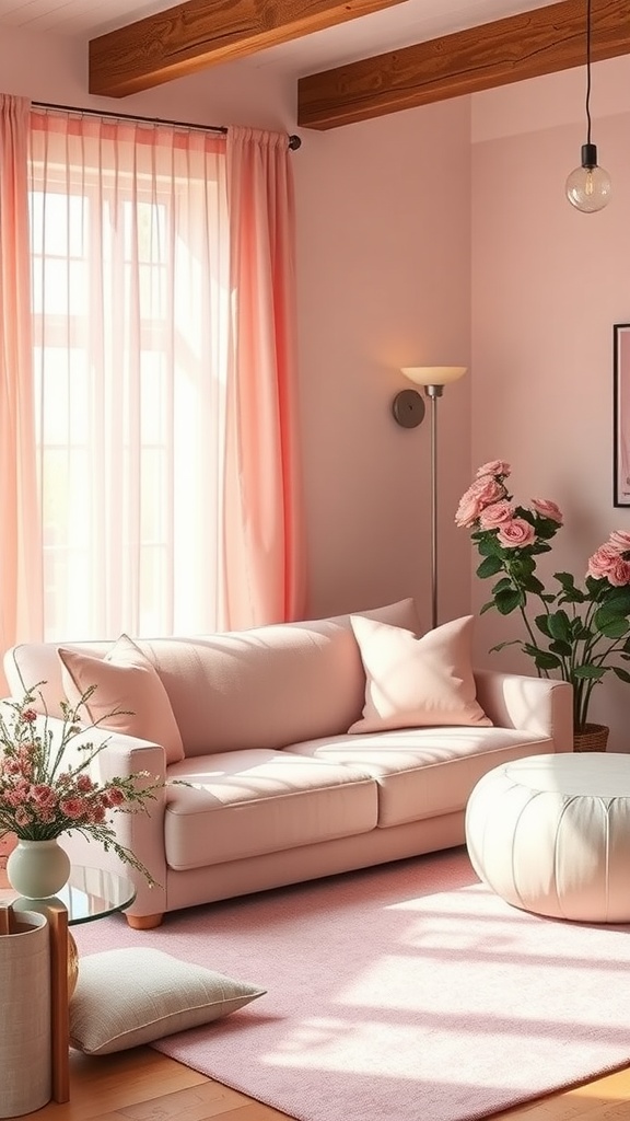 A cozy pink living room featuring a soft pink sofa, pink curtains, and a light pink rug.