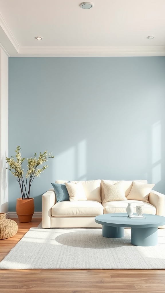 Living room featuring a soft powder blue accent wall, a neutral sofa with pillows, a round coffee table, and a potted plant.