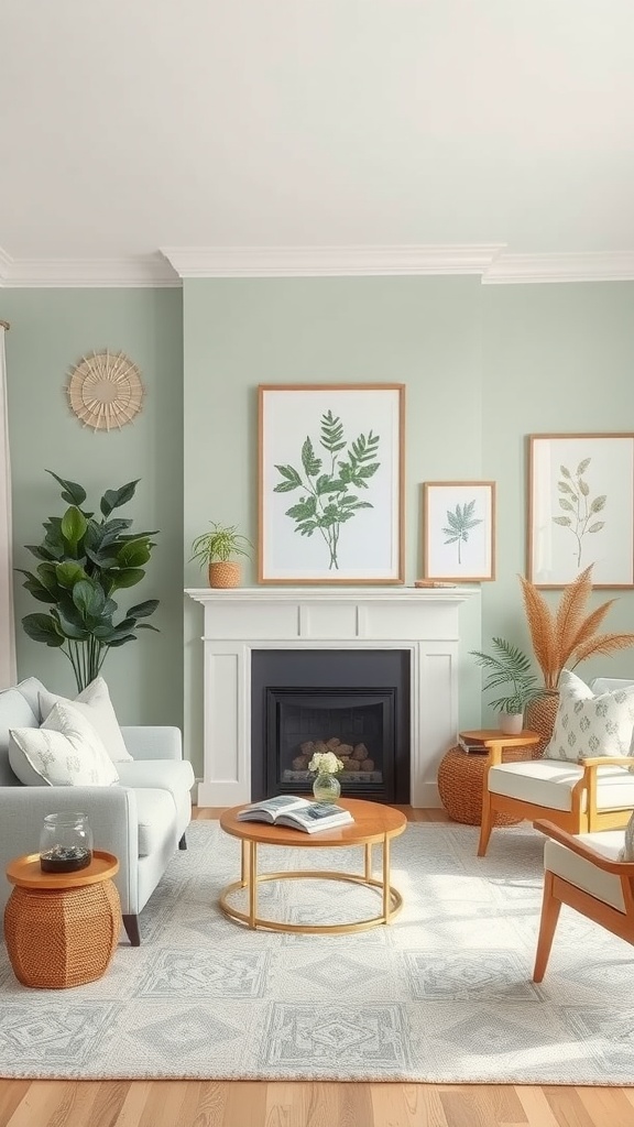 A cozy living room featuring soft sage green walls, light furniture, and botanical decorations.