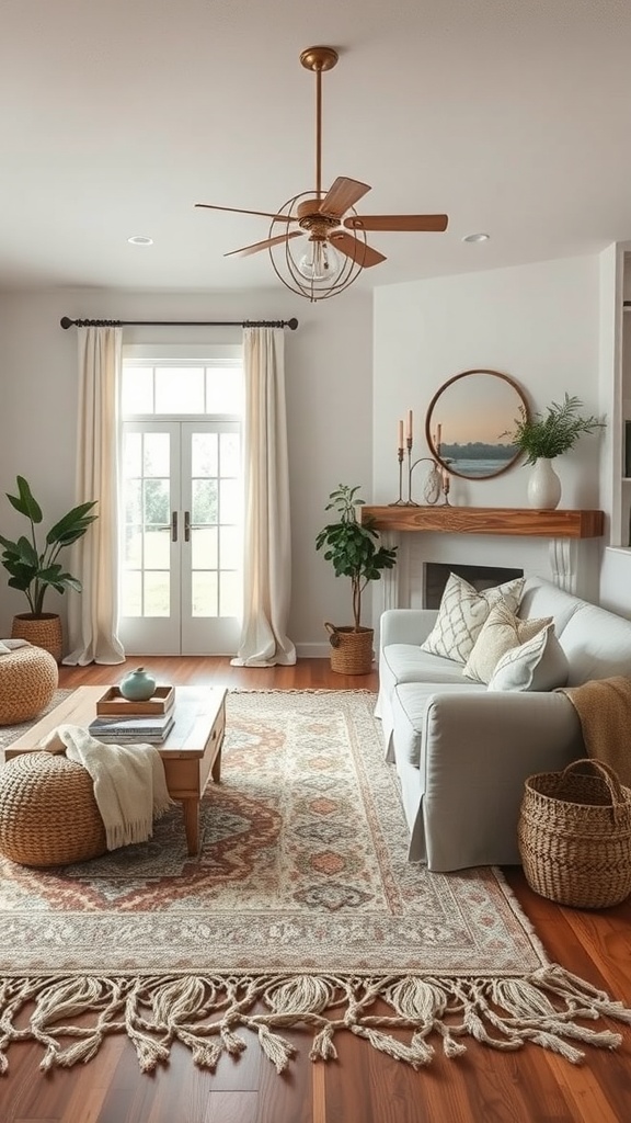 A cozy farmhouse-style living room with soft textiles, an intricate area rug, and decorative cushions.