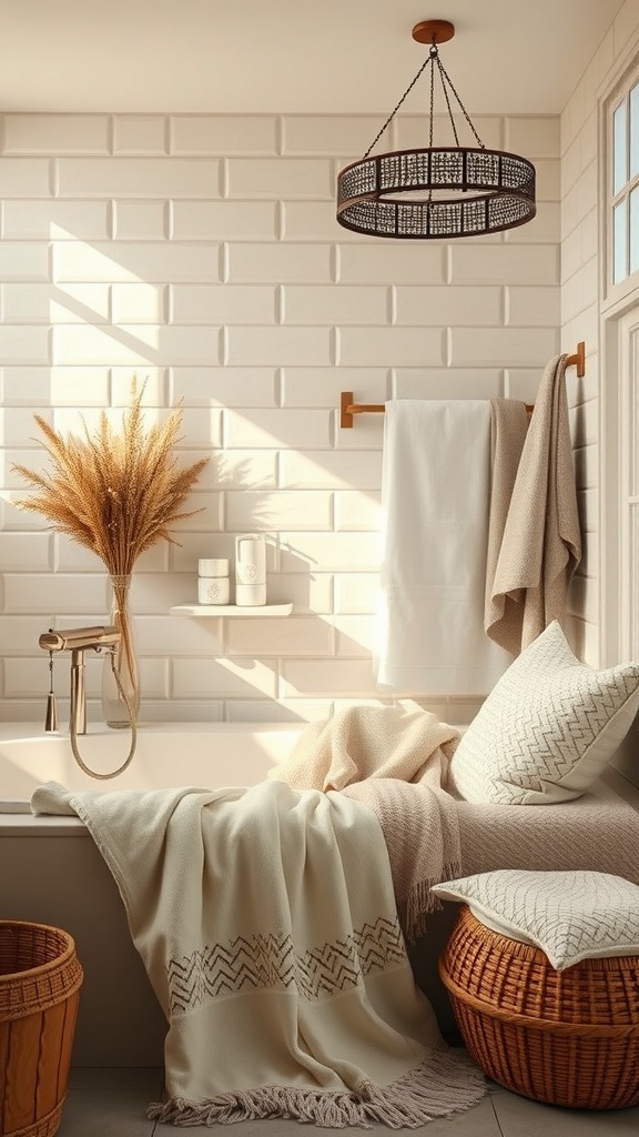 A cozy bathroom featuring soft textiles like towels, blankets, and pillows, along with warm lighting and natural elements.