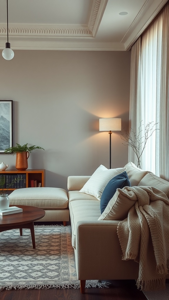 A cozy living room featuring a neutral sofa, layered fabrics, and soft textures with natural light.