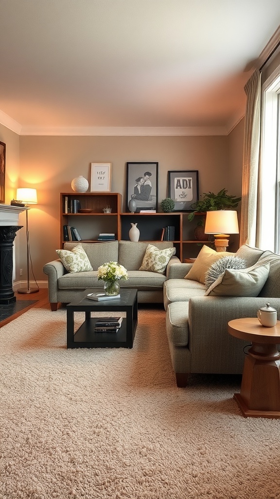 Cozy living room with a soft carpet, comfortable sofa, and warm lighting