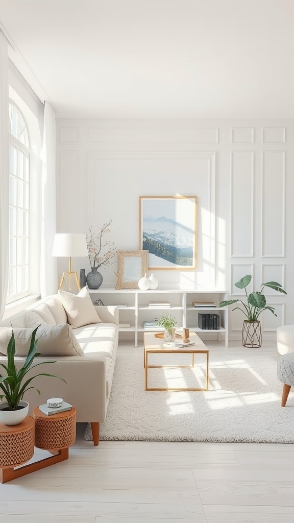 A bright and airy living room featuring a soft white palette with pastel accents, natural light, plants, and stylish furniture.