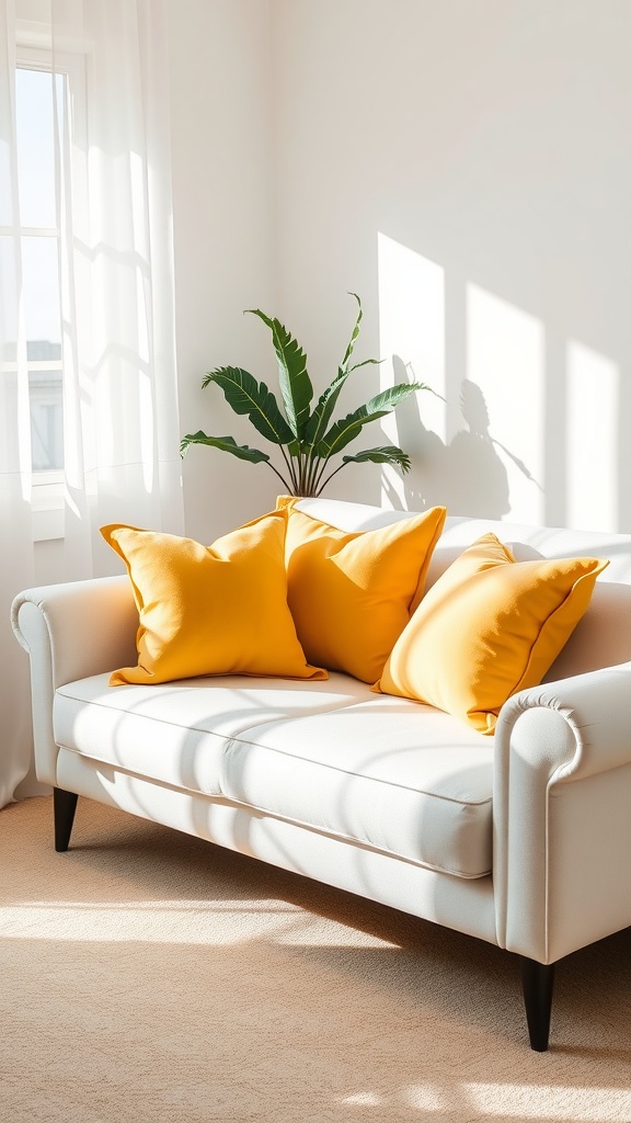 A white couch with soft yellow accent pillows and a plant in a bright room.